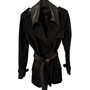 RALPH LAUREN Womens Black Denim Trench Coat Jacket Leather Collar Vtg Sz M